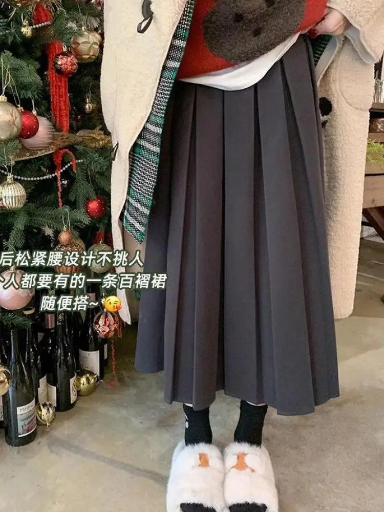 

French Vintage Elegant Black Festival Woolen Long Skirt Women Autumn Winter Grey High Waist Ladies Pleated A-line Half Skirt New