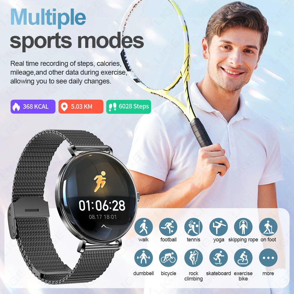 LIGE Nuovo Ultra Sottile Astuto Della Vigilanza 1.43 "AMOLED 466*466 Display HD Mostra Sempre Tempo Frequenza Cardiaca Chiamata Bluetooth Smartwatch Uomo Donna