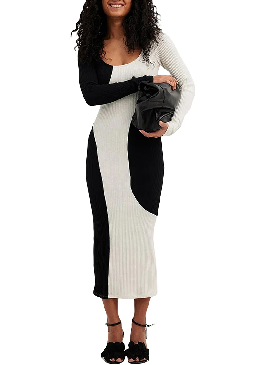 Women’s Knit Long Dress Casual Long Sleeve Scoop Neck Contrast Color Bodycon Dress Midi Dress