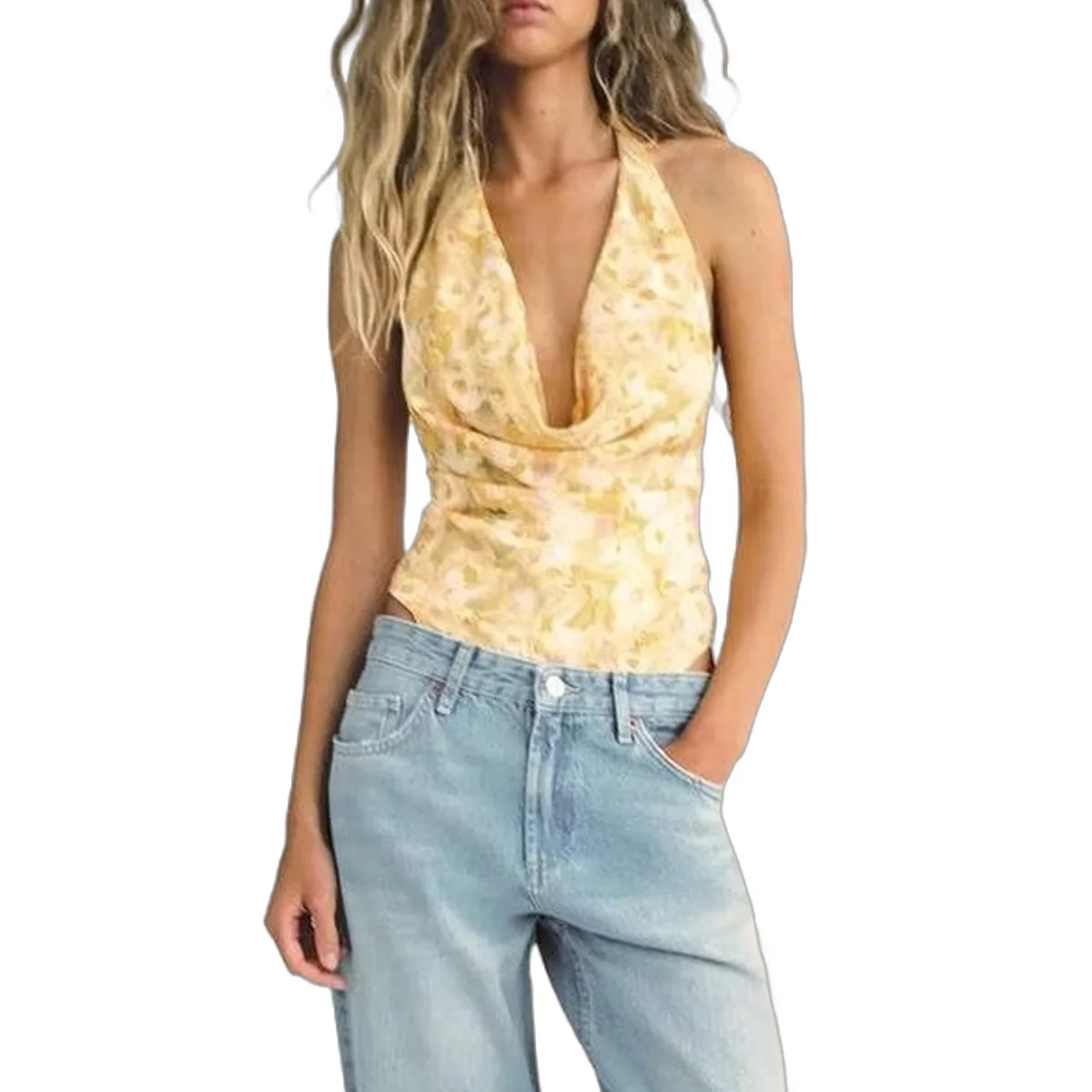 Women\'s V-Neck Hanging Jumpsuit Printed Backless Sexy Temperament Tight Fitting Clothing American Fashion New