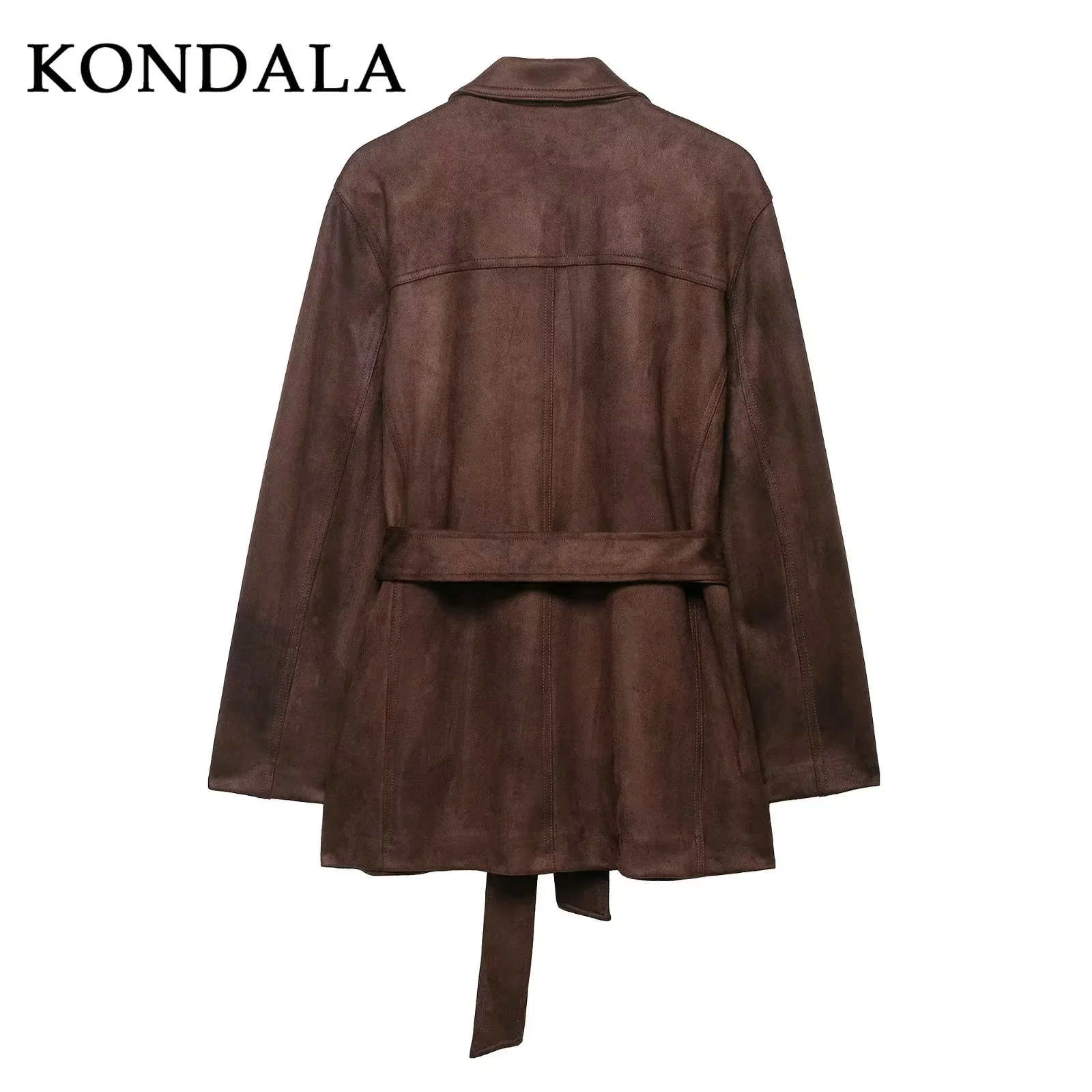 KONDALA 2025 معاطف نسائية لخريف وشتاء من جلد الغزال باللون البني ملابس خروج أنيقة للسيدات بياقة مقلوبة معاطف واحدة الصدر #3