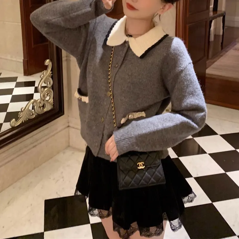 Vintage Sweet Doll Collar Sweaters Autumn Winter Solid Color Basic Female Clothing Knitted Stylish Pockets Lace Spliced Cardigan