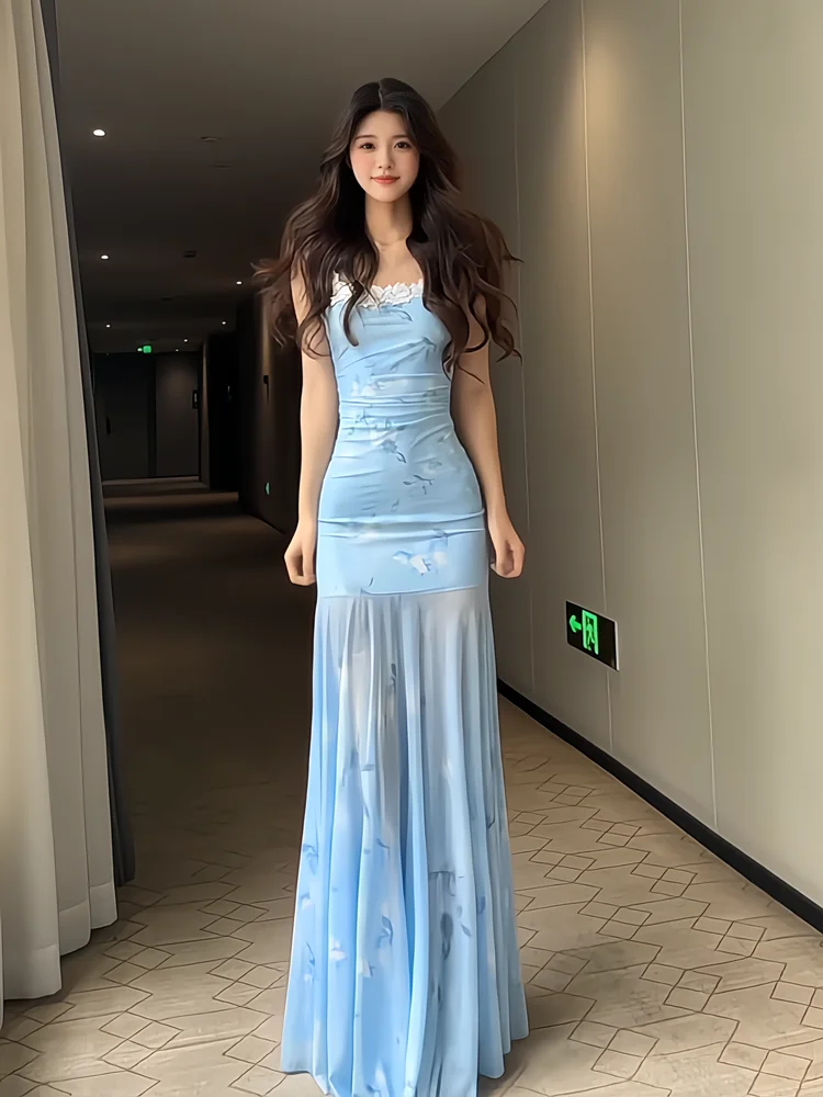 

Элегантное летнее платье с цветочным кружевом для женщин, пляжное, с завышенной талией, длинная юбка, стиль «Милая принцесса», кружево на высокой талии