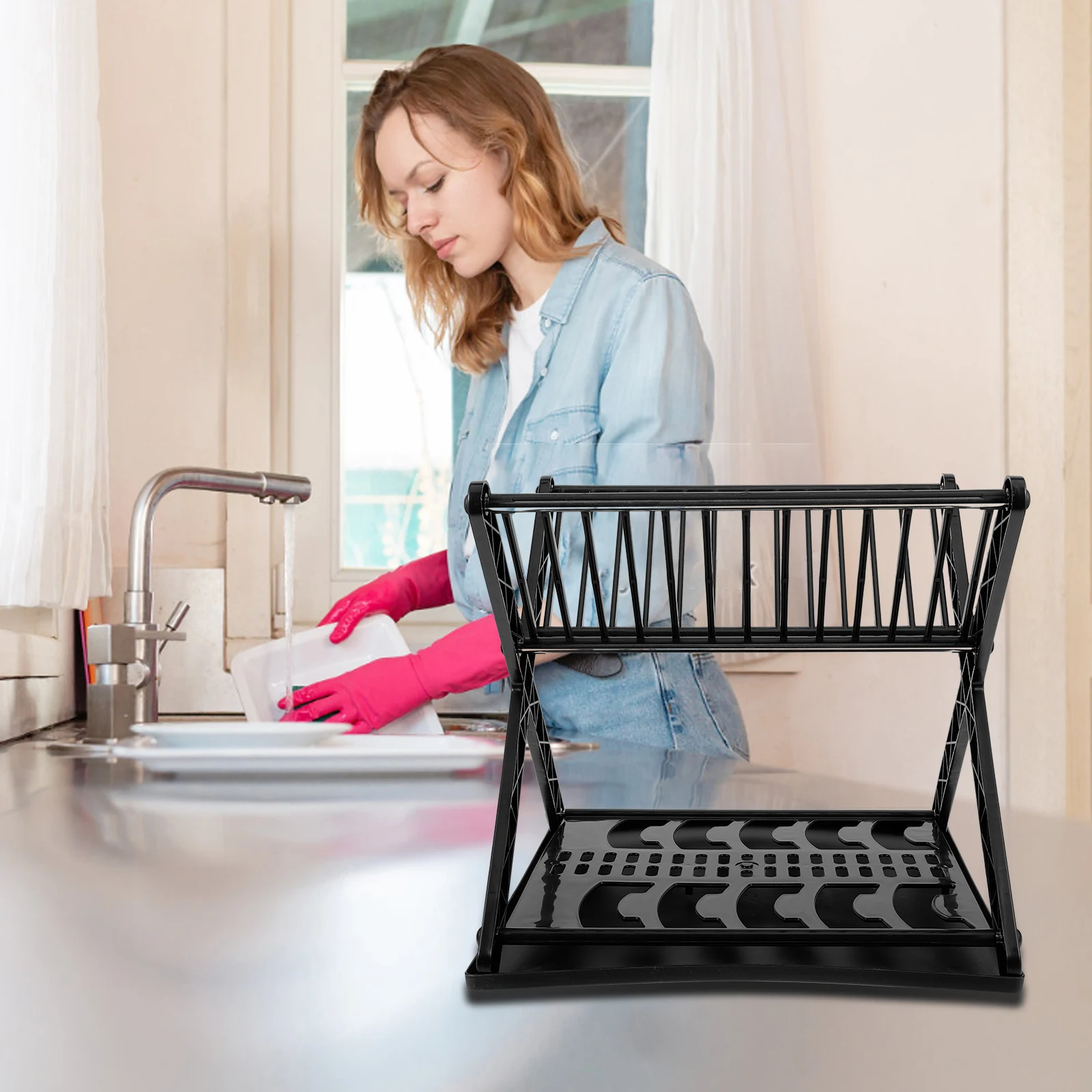 

Dish Drainer Rack Kitchen Counter Organizer with Drip Tray Space Saving Tableware Storage Elegant Plate Drying Stand for Modern