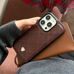 Crimson-plaid Leather Phone Case for iPhone 16, 16Pro, 16Promax, 15, 15Pro, 15Promax, 14, 14Pro, 14Promax, 13