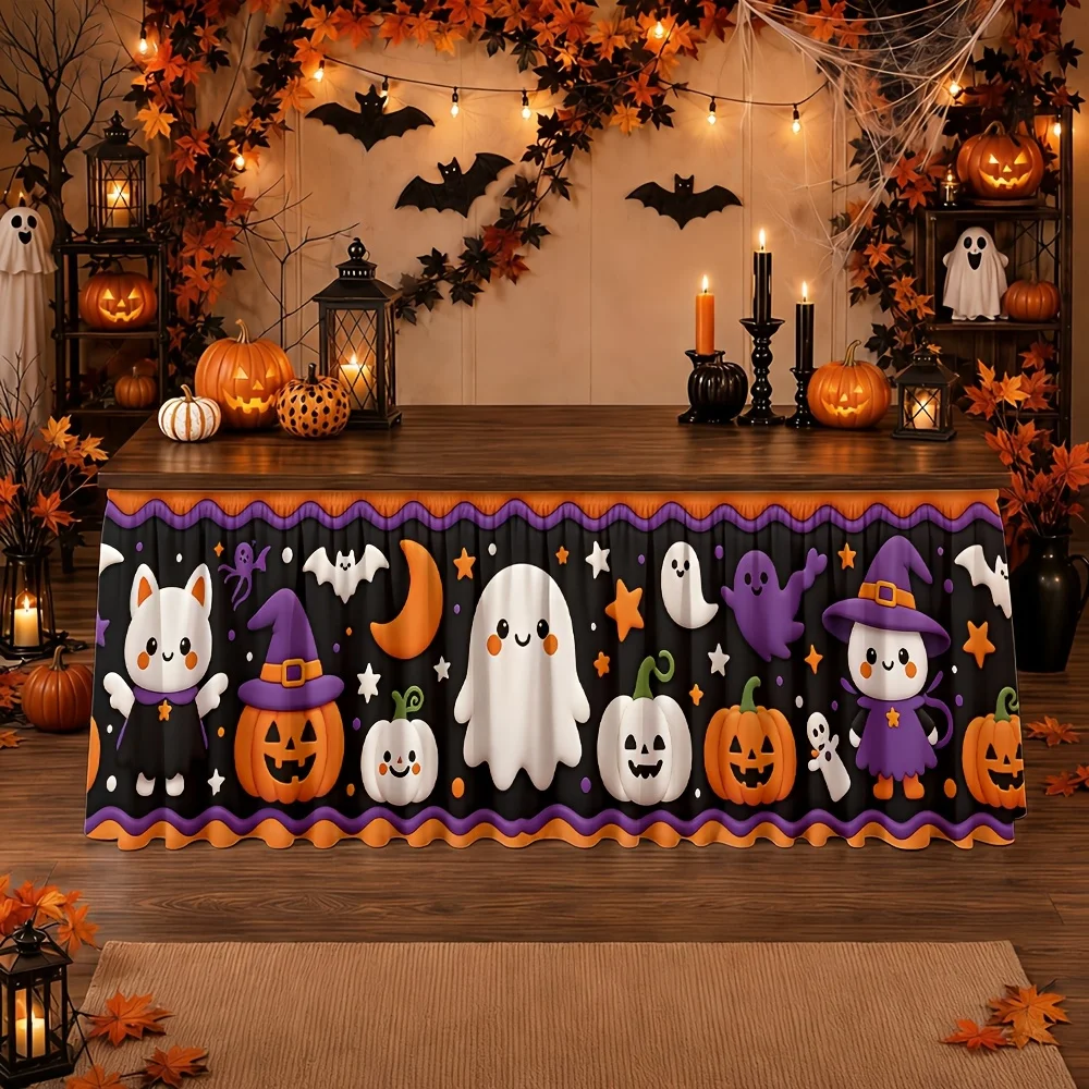 tableskirt Halloween cartoon cute ghost pumpkin witch bat stars orange bla festive autumn October party tablecovexzj