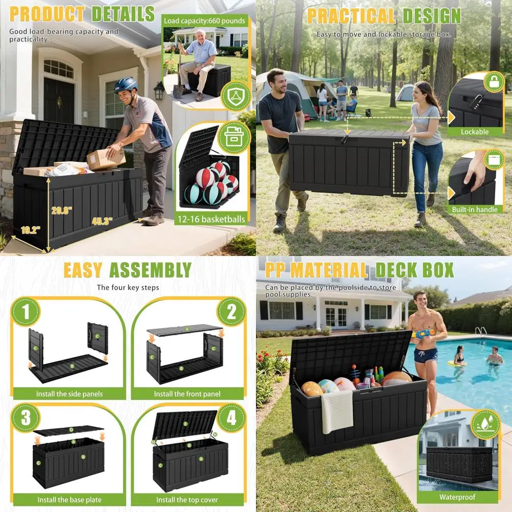 

82 Gallon Outdoor Storage Bin with Lock, Weatherproof for Patio Furniture, Gardening, and Pool Accessories - Black