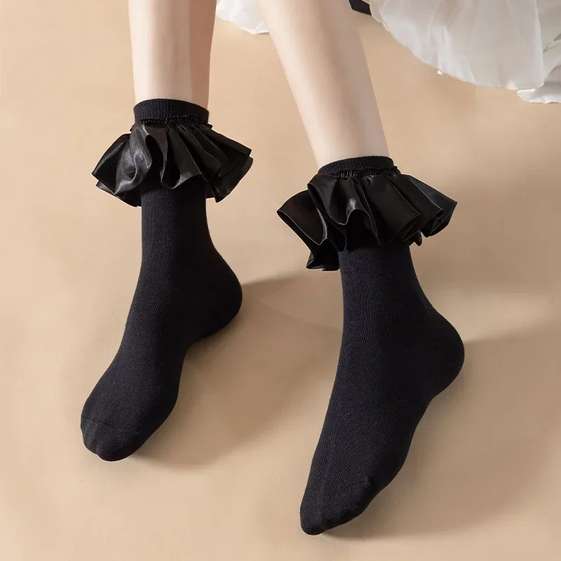 Lolita Kawaii Ruffle Socks Women JK Sweet Girls Cute Princess Socks Japanese Fashion Solid Color Black White Elastic Long Socks