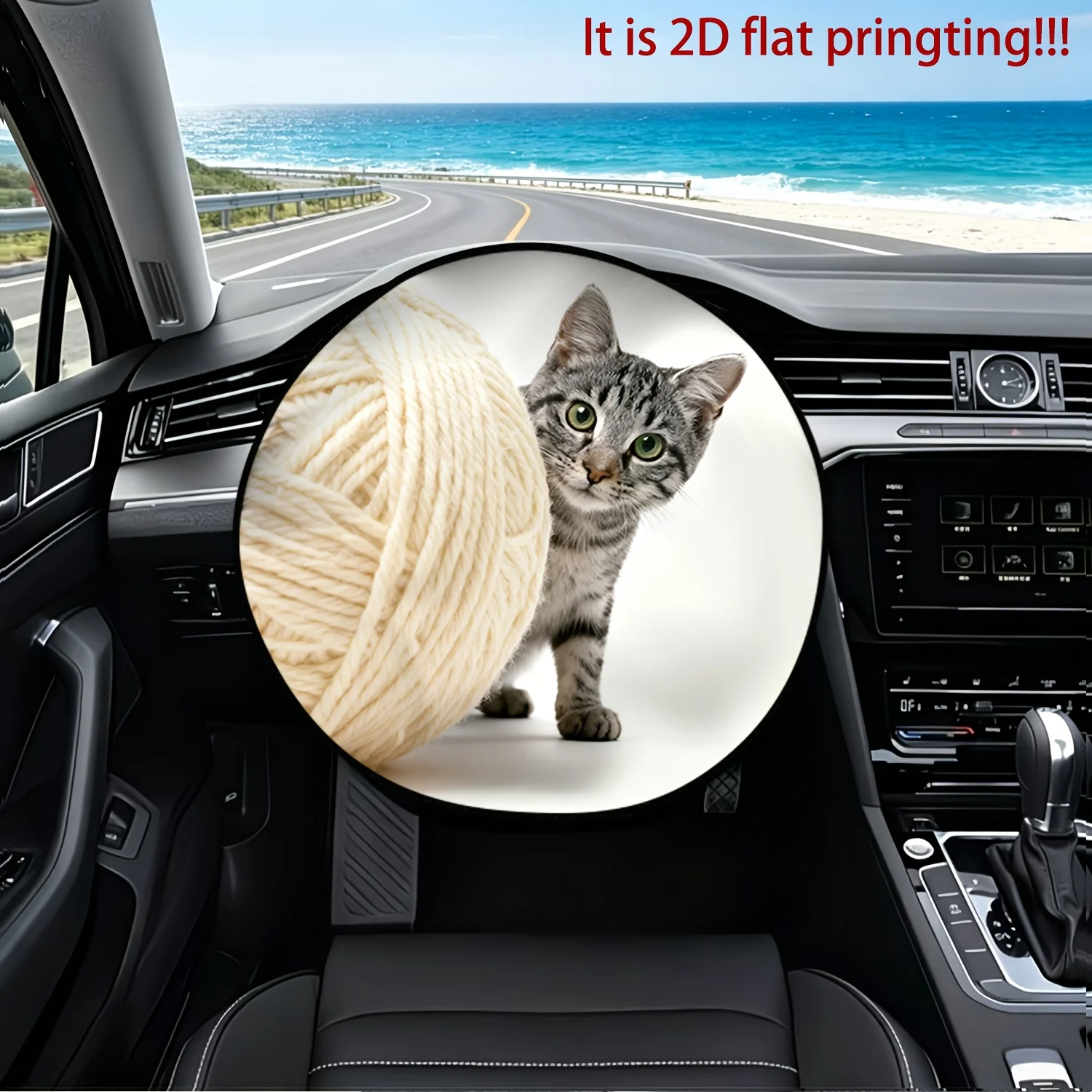 1pc Car Steering Wheel Cover, Cute Silvery Tabby Kitten Curious Gaze Pattern, Steering Wheel Sunshade, Heat Insulation, Sun Prot
