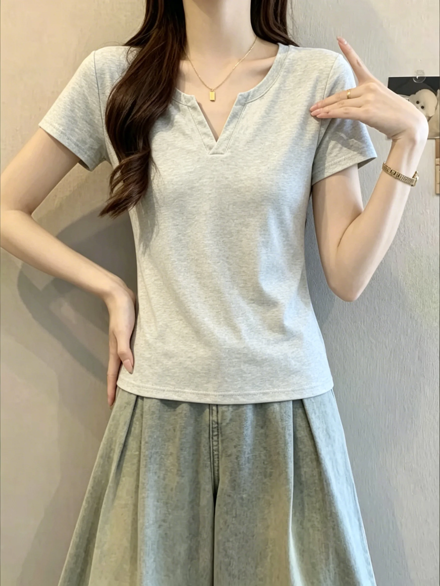 Slimming Effect 95 Cotton V-Neck Short Sleeve T-Shirt Women's Summer New Large Size Design Sense Body Shaping Base Shirt Top