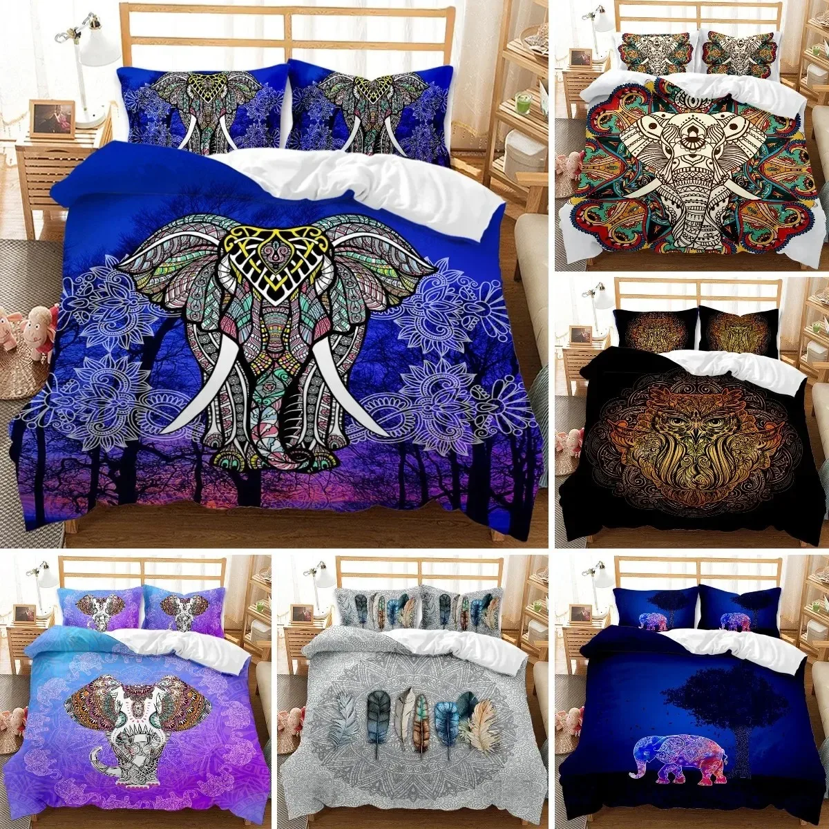 

Bohemian Elephant Mandala Pattern Bedding Set Boho Duvet Cover Queen King Size Quitl Cover Polyester Comforter Cover