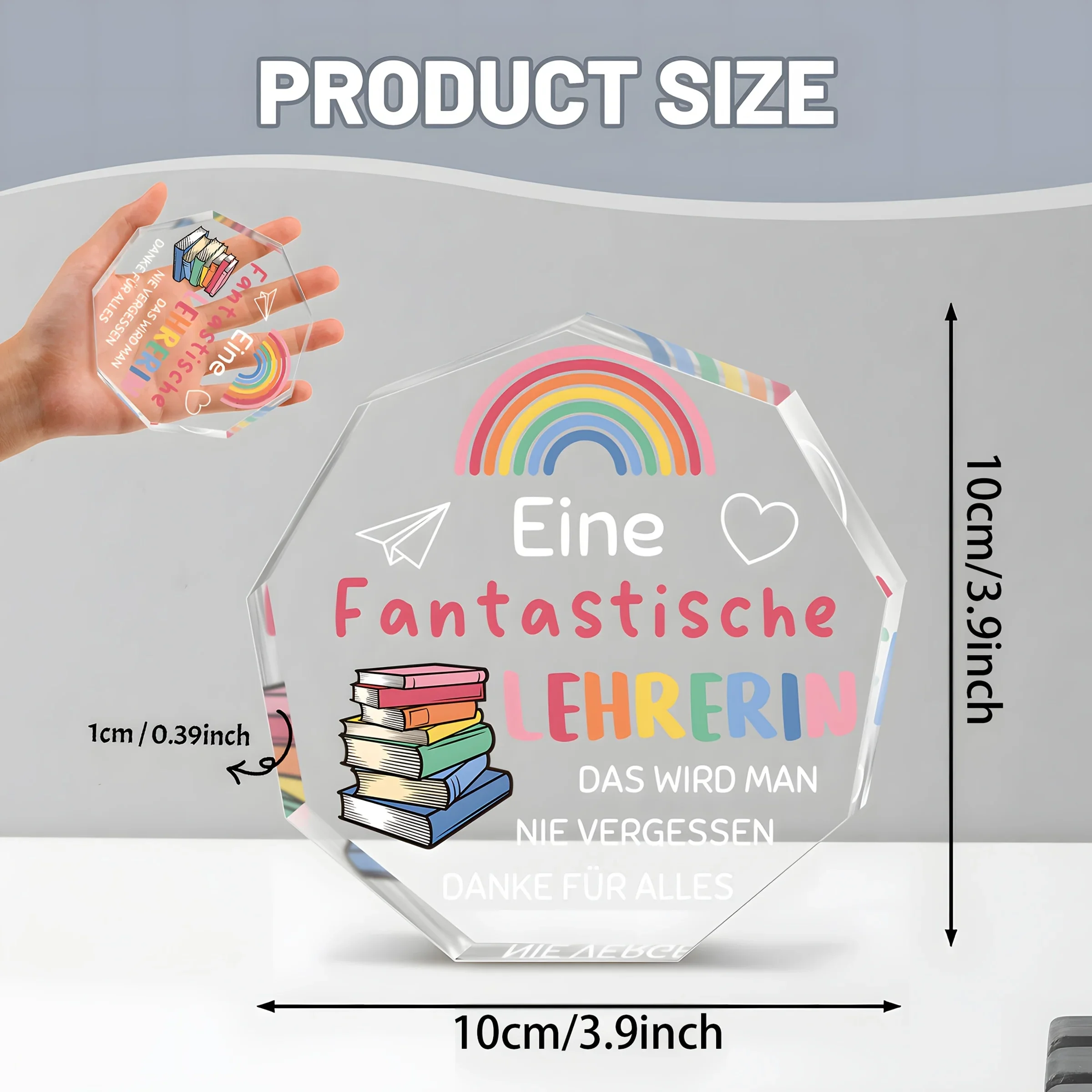 CIFBUY Acrylic Sign 2D Flat Octagonal German Teacher Appreciation Rainbow Book Paper Plane Heart Design Quote Plaque Sentimental