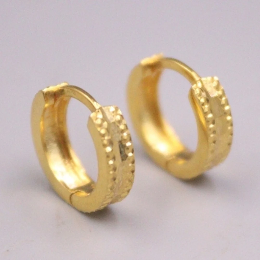 Real Pure 18K Yellow Gold Hoop Women Gift Lucky Carved Square Circle Earrings 2.53g