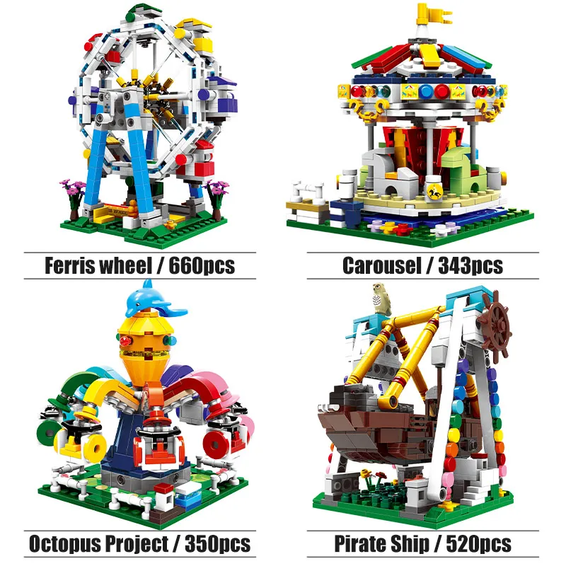 ZKZC City Fairground Ferris Wheel Merry Go Round Octopus Airship Building Blocks a Pirate Boat Bricks Toys for Children Gifts