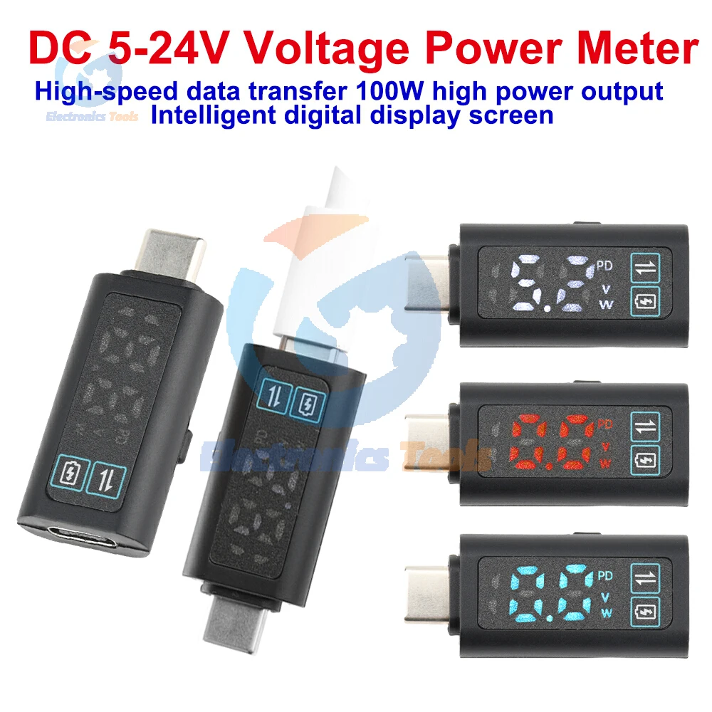 

DC 5-24V 2A LED Digital Voltage Power Meter PD100W Data Transfer Fast Charger Adaptor Type C 2 in 1 Charging and Transmission
