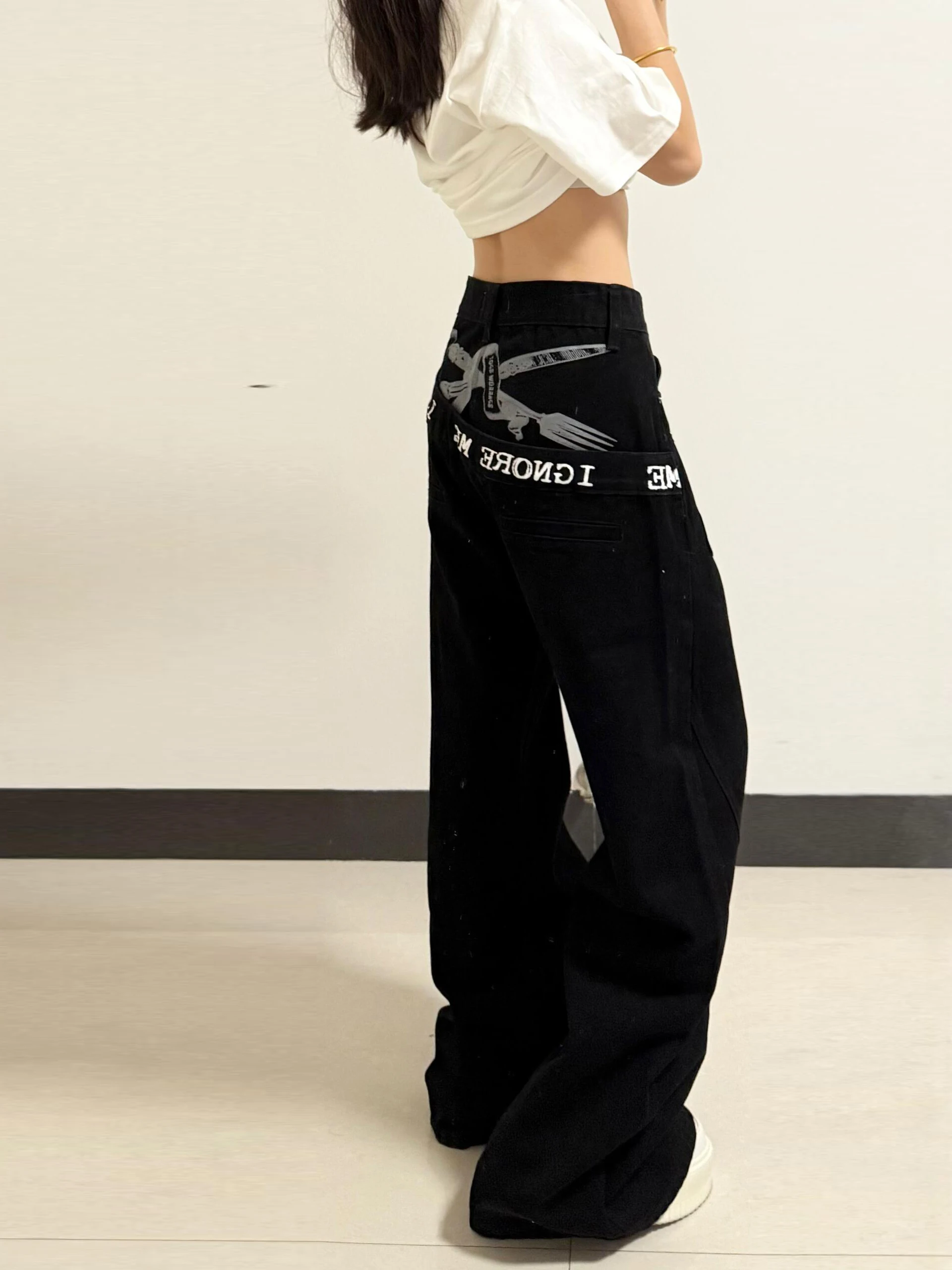 Sweet Cool Spicy American Style Printed High Waist Wide Leg Jeans Women Summer Design Loose Slim Straight Cut Denim Pants