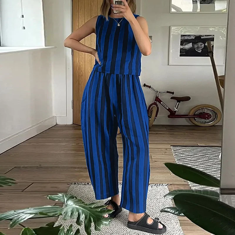 

Elegant Lady Wide Leg Pants Two Piece Set Vintage Stripe Printed Sleeveless Tops And Pants Set Summer Casual Loose Vacation Sets