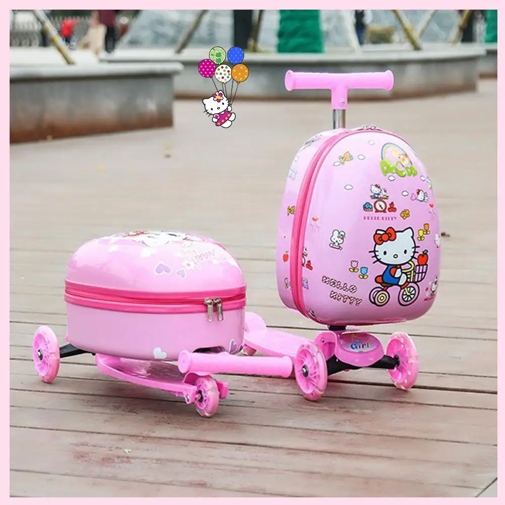 Kawaii Hello Kitty 15 Inches Suitcase Child Scooter Glowing Wheel Anime Sanrioed Cartoon Kt Zipper Trolley Case Travel Boarding