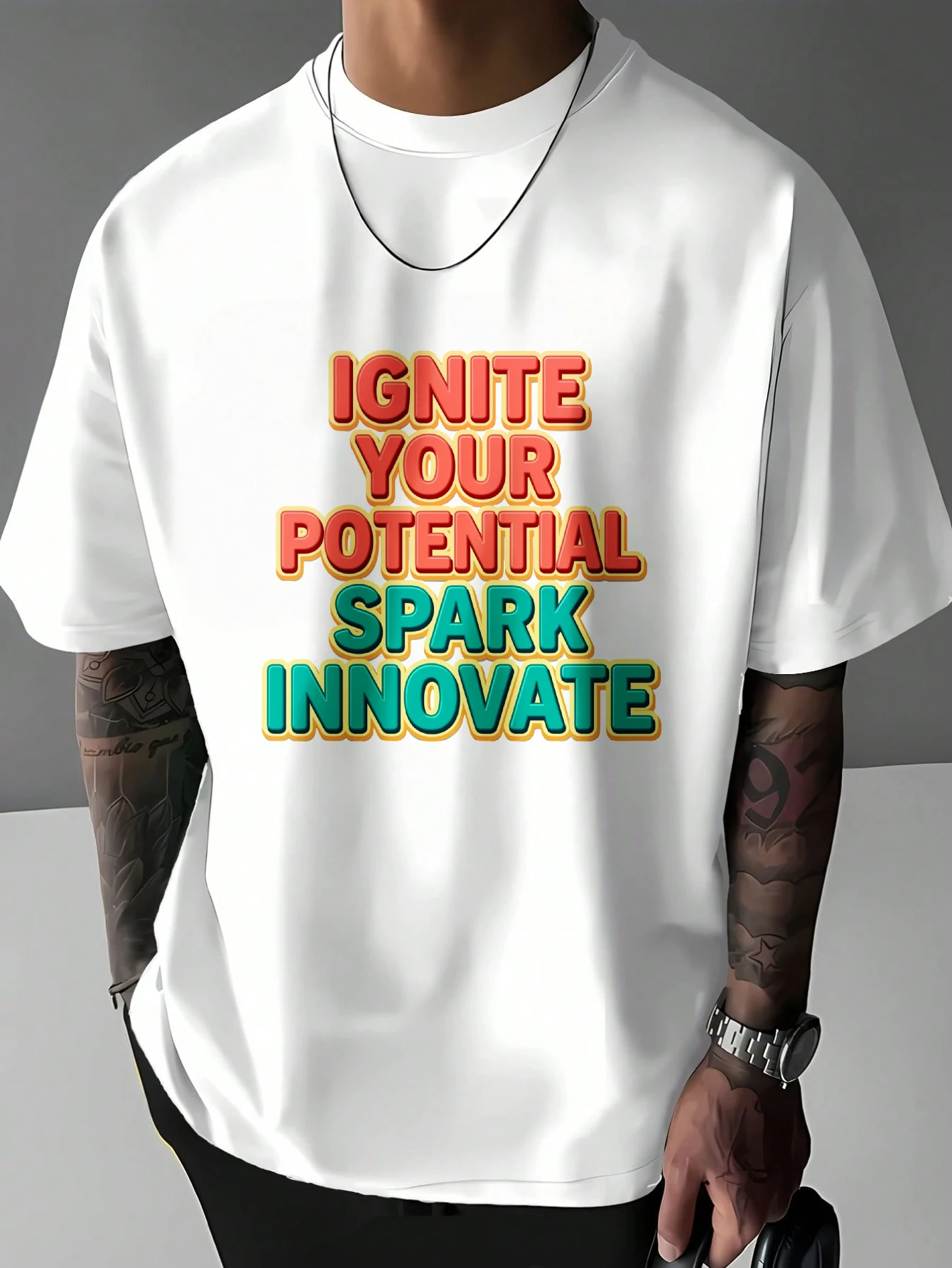Mens Ignite Your Potential Graphic T Shirt Motivational 3D Letter Print Short Sleeve Crew Neck Casual Cotton Male Daily Tee