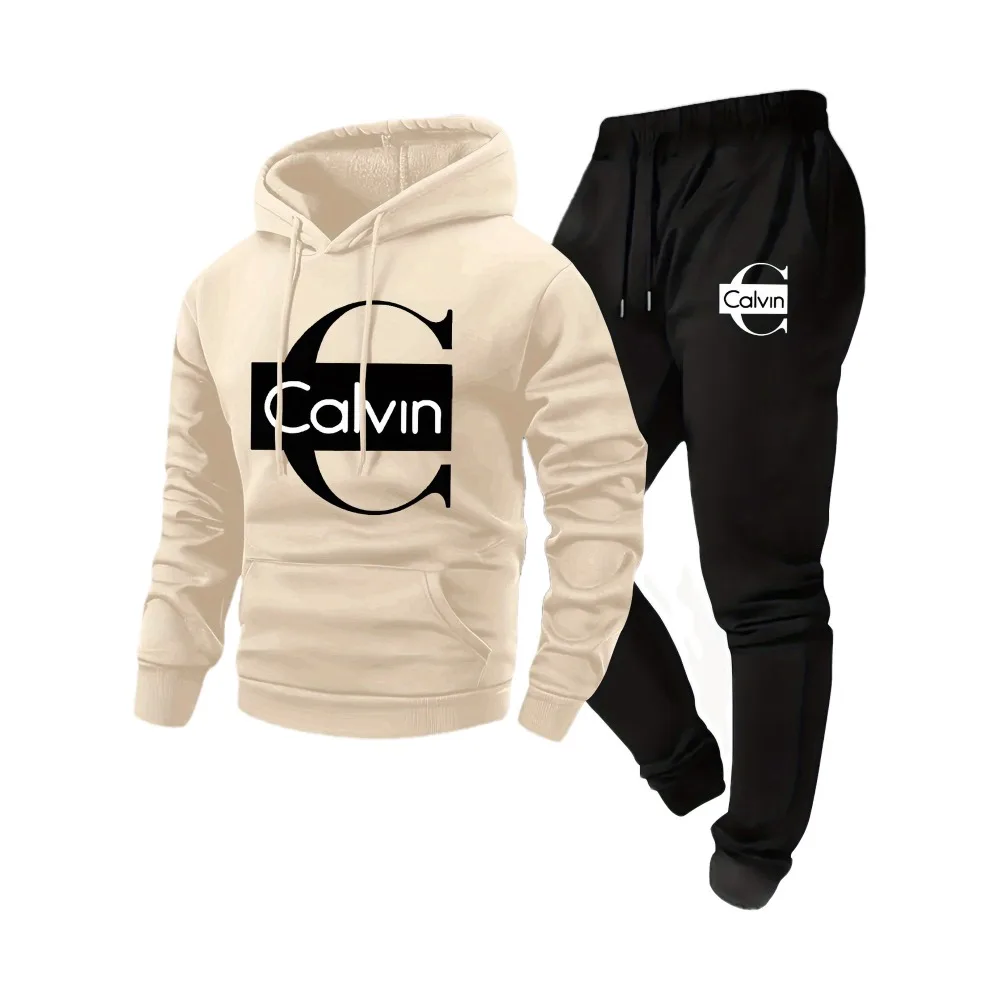طقم مكون من قطعتين بغطاء للرأس بأكمام طويلة للرجال من كالفن، سترة رياضية كاجوال عصرية بقلنسوة