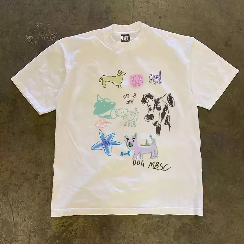 Unisex Cute Doodle Dogs Graphic T‑Shirt Men Women Colorful Hand‑drawn Puppy Sketch Art Print Tee 100% Cotton Loose Aesthetic Streetwear Short Sleeve T Shirt.