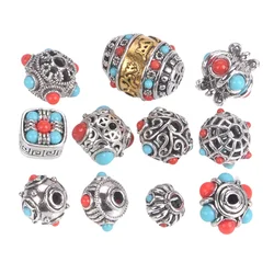 5pcs Nepalese Buddhist Tibetan Silver Color Red Blue Dots Loose Beads For Jewelry Making DIY Crafts Findings