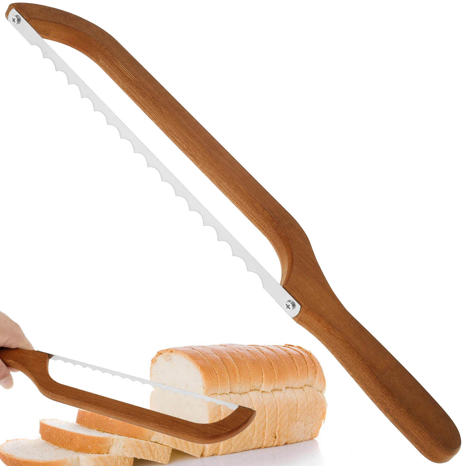 Bread Bow Cutter Serrated Bagel Cutter Stainless Steel Sourdough Bread Slicer Portable Bread Cutting Tool with Bamboo Handle