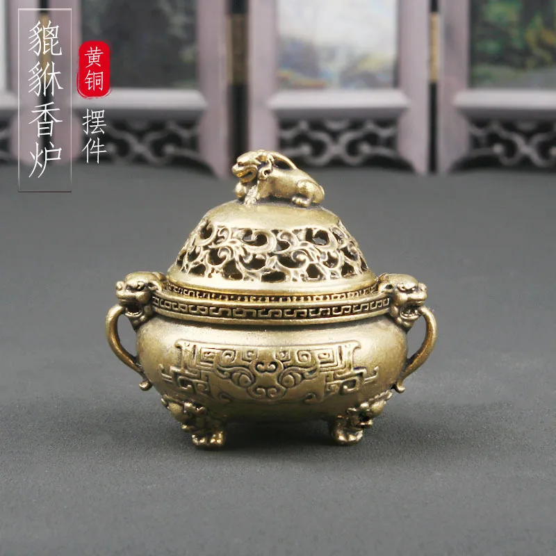 

Pure Copper Incense Burner Desktop Decoration Double-Ear Three-Legged Tripod Antique Crafts Crafts Incense Burner Old Copper War