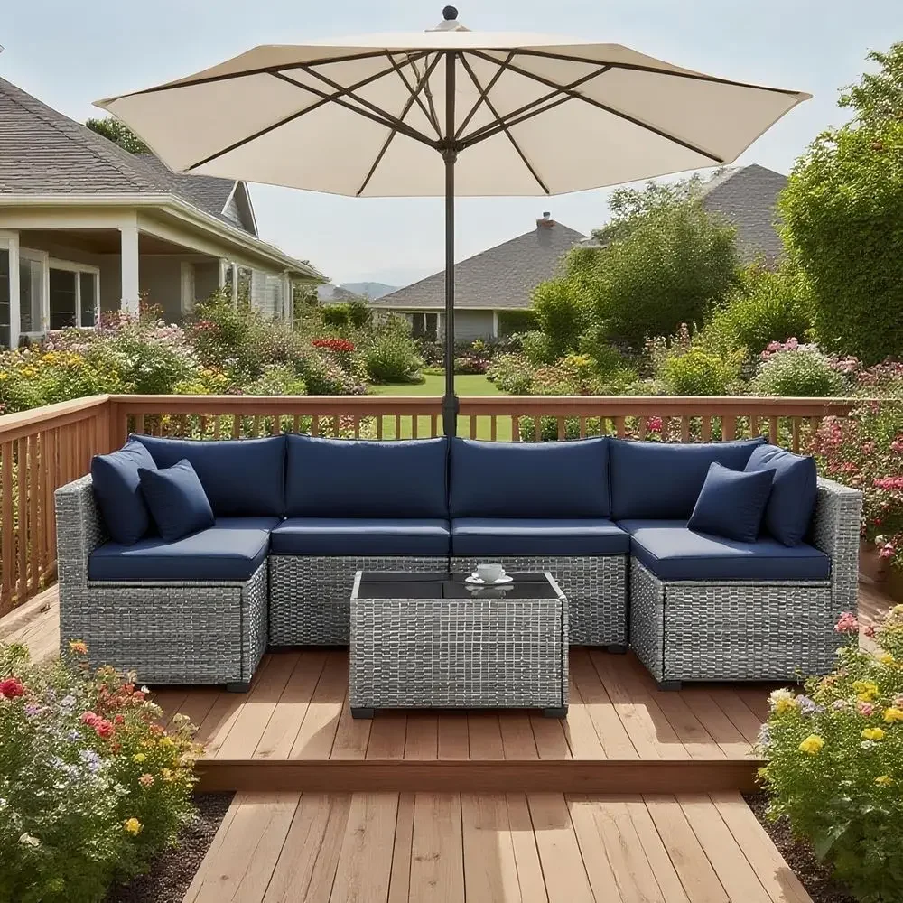 

Gray/Navy 7-Piece Outdoor Wicker Sectional Patio Set with Glass Top Coffee Table and All-Weather Cushions