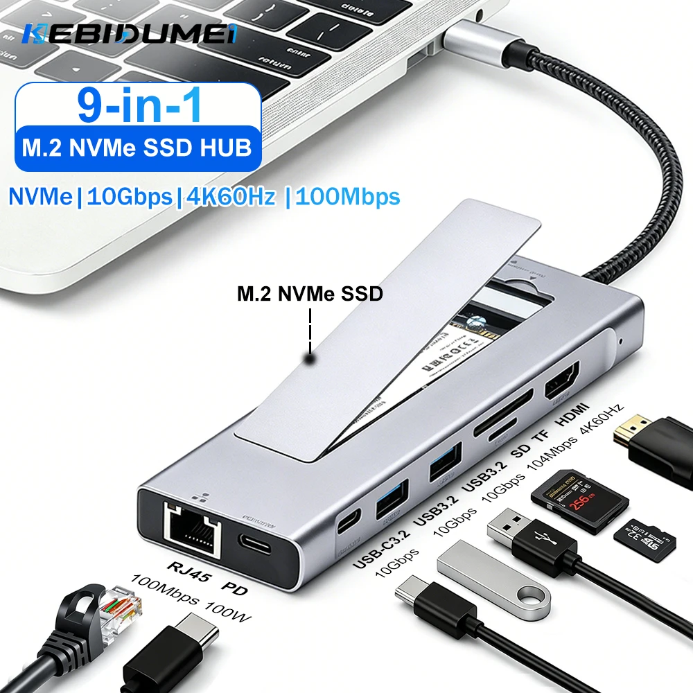 KEBIDUMEI 9 in 1 M.2 NVMe SSD Hub USB-Dockingstation USB3.2 10Gbps Hub HDMI 4K60Hz PD100W RJ45 100Mbps Für PC Laptop Macbook