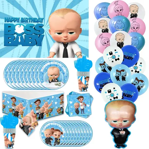 Bossed Baby Balloons Baby Shower Boy Girl Happy Birthday Banner Party Decoration Blue Disposable Tableware Kids Toy Cake Topper