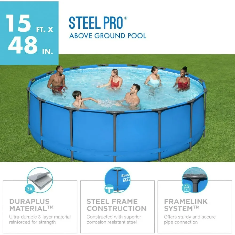 15’ X 48” Round Steel Frame Above Ground Outdoor Swimming Pool Outdoor Metal Frame with Heavy Duty Repair Patch