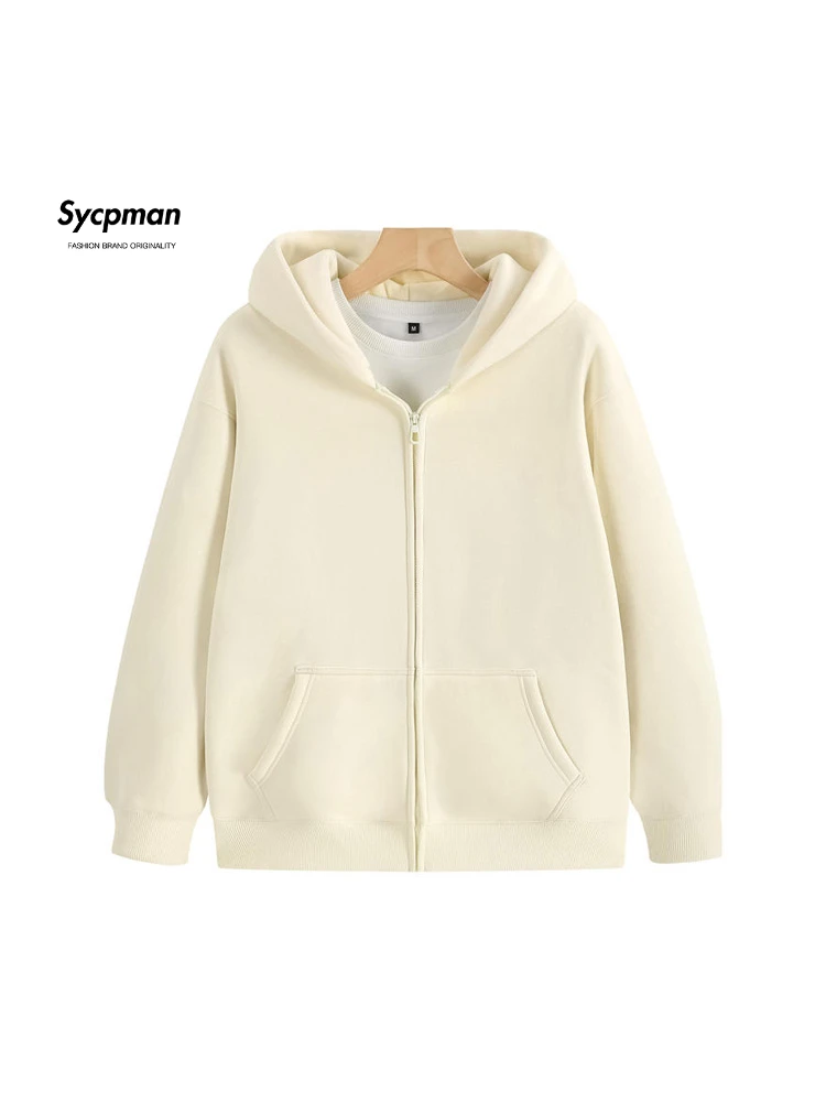 

Sycpman Solid Color Plush Zippered Hoodie for Men and Women Autumn Trend Loose Casual Hoodies Couple Streetwear