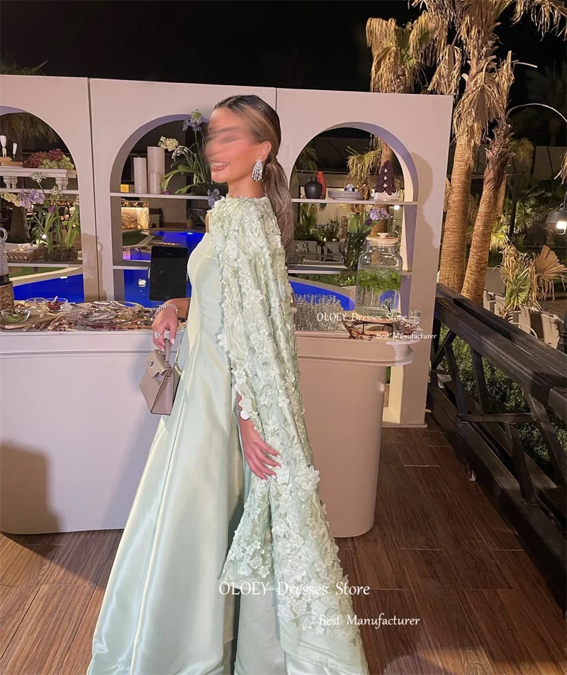 OLOEY-Sábio verde cetim vestidos com jaqueta, vestidos de baile sem alças, flores 3D, elegante sem alças, partido árabe saudita, ocasião formal