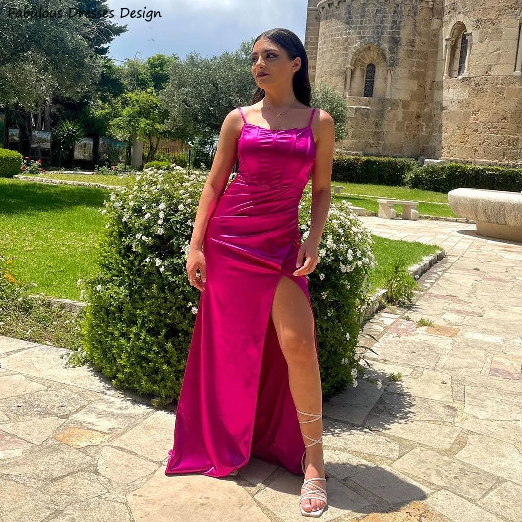 

Sexy Side Slit Bridesmaid Dresses Fuchsia Long Mermaid Spaghetti Straps Scoop Neck Wedding Party Dress For Women Cheap Prom Gown