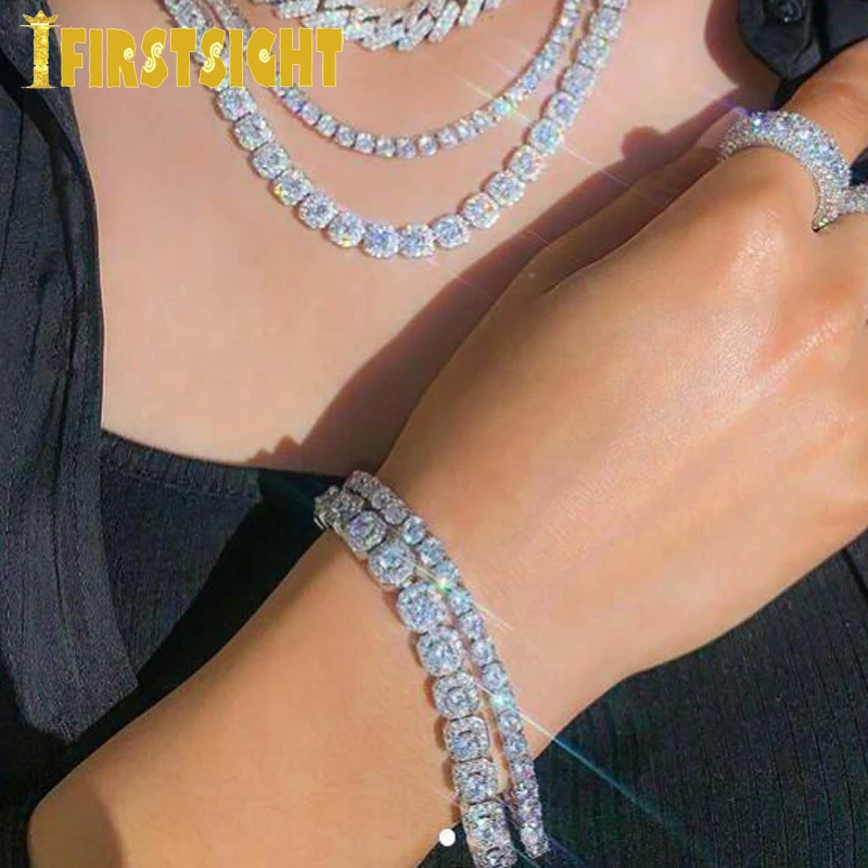 Iced Out Bling 5A Cubic Zirconia CZ Square Charm Bracelet 8mm Silver Color Tennis Chain Bangle Hip Hop Fashion Men Women Jewelry