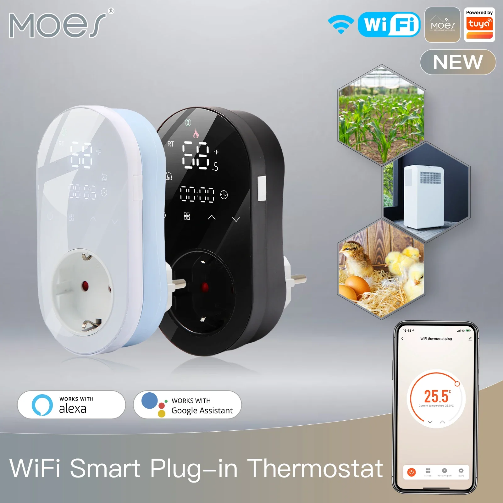 MOES-termostato LED inteligente con WiFi, enchufe de salida, modo de calefacción y refrigeración, 16a, Control remoto por aplicación, Compatible con