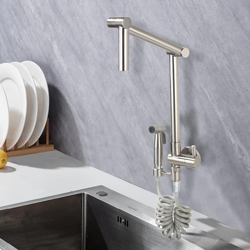 Wall Mounted Single Cold Kitchen Faucet with Hand Sprayer Rotatable 360° Kitchen Folding Sink Faucet 1 Handle Vessel Sink Faucet