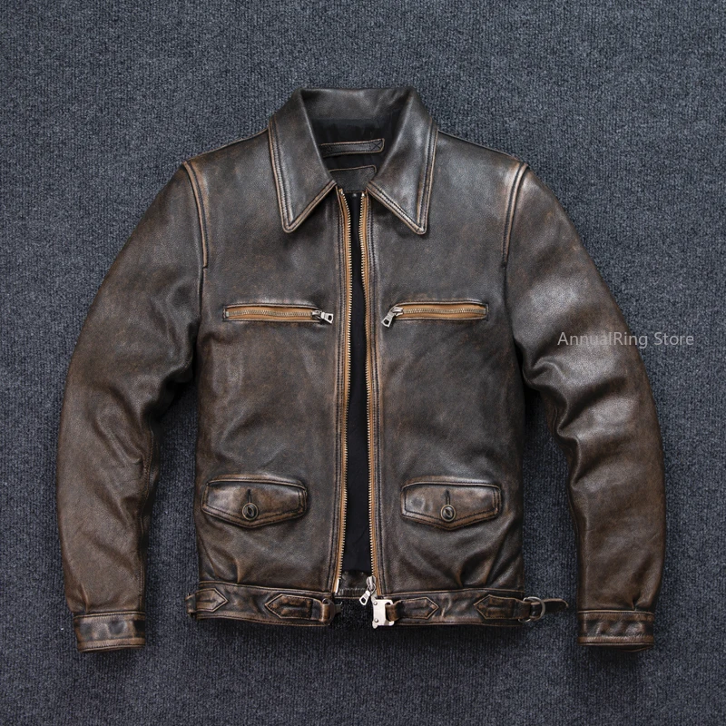 

New Vintage Aviator Jacket Washed Aged Full Cowhide Leather Men's Short Lapel Genuine Leather Jacket Locomotive Jacket 1.4mm
