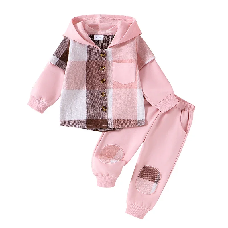 Celana musim gugur anak laki-laki perempuan 0-4Y set warna kontras jaket hoodie lengan panjang kotak-kotak pakaian Streetwear anak-anak