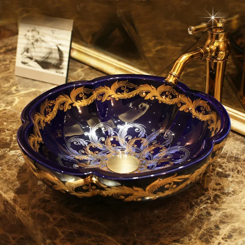 China Painting handmade wash basin Bathroom vessel sinks counter top flower shape blue glazed gold pattern chinese bowl sink