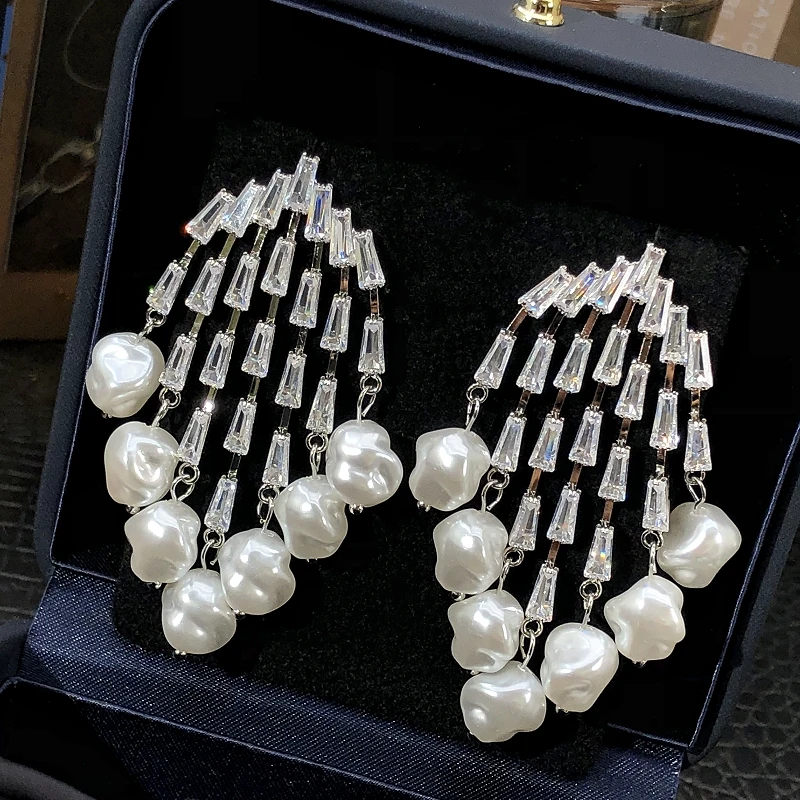 Elegant pearls shiny zircon earrings water drops Swaying tassels gentle girl ear accessory