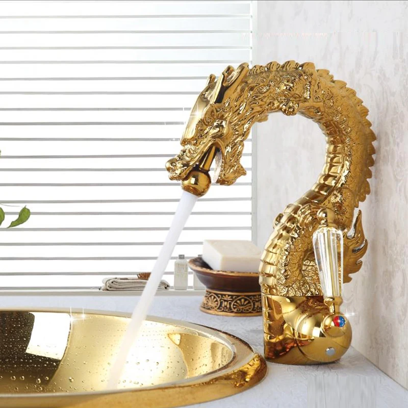 

Antique gilded dragon single handle faucet, hot and cold wash basin faucet golden European style tabletop American style faucet