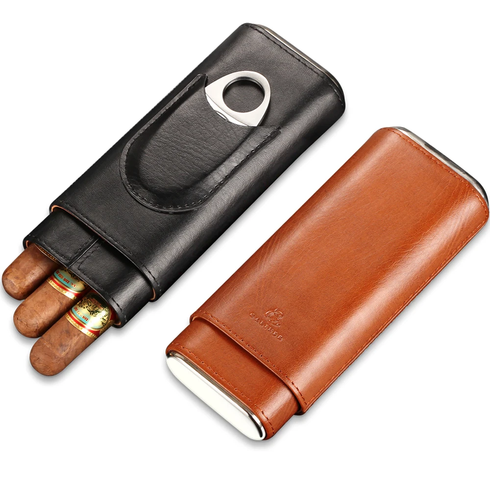 

Galiner Travel 3 Tubes Cigar Case Leather Brown Black Portable Mini Humidor Holder Box With Cigar Cutter