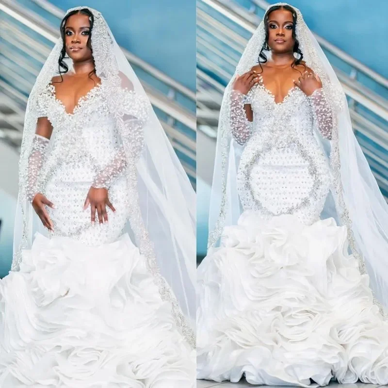 

Customized Aso Ebi Plus Size Ivory Wedding Dress Appliques Beaded Crystals Pearls Tiers Luxurious Bridal Gowns Dresses