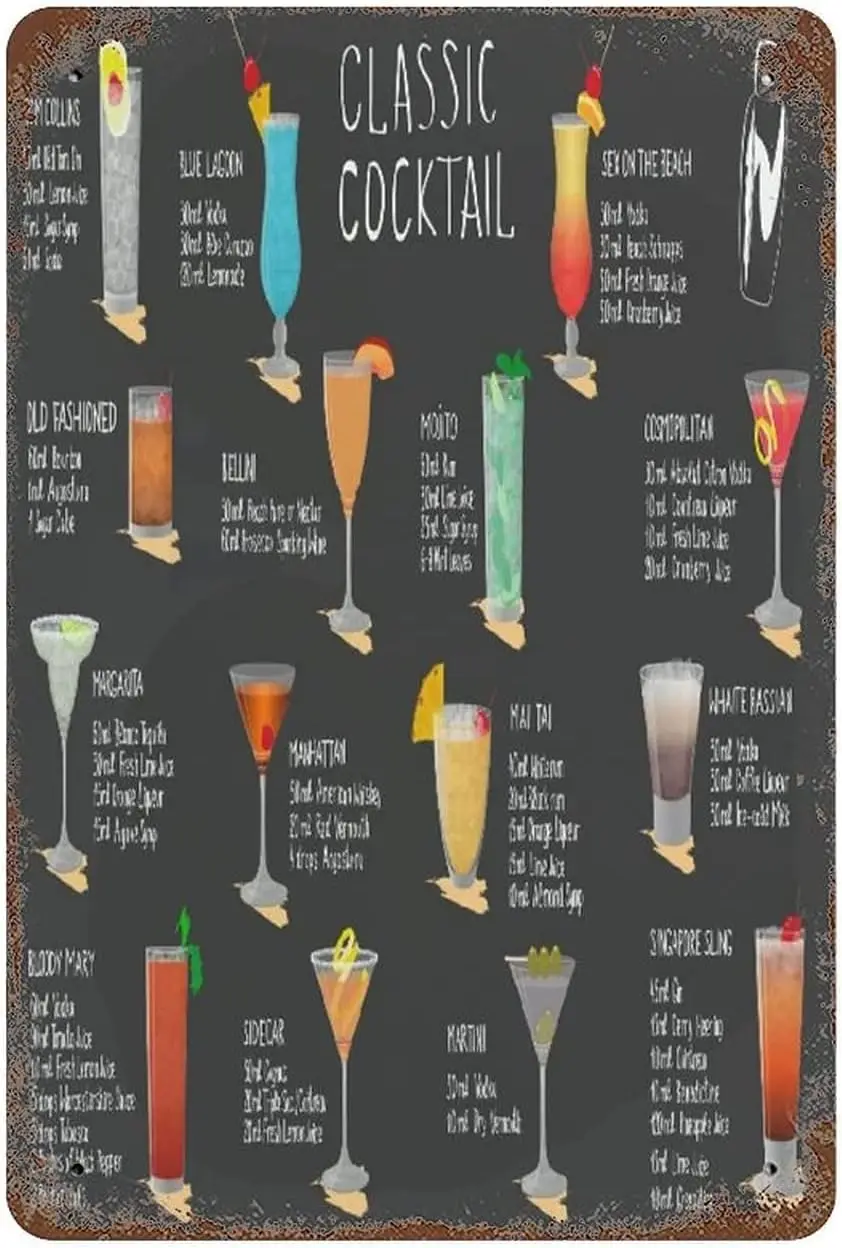 Metal Tin Retro Sign Classic Cocktails Drink Recipe Sign, Classic Cocktail Art，Cocktail How to, ，Wall Decoration Plaques，Vi sign
