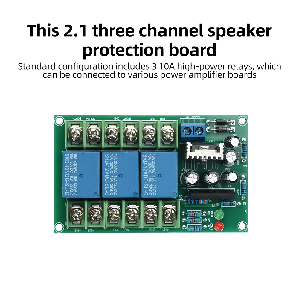 2.1-Kanal-Hochleistungs-10A-Relais-Audioverstärkermodul, Lautsprecherschutzplatine, kompakte DIY-Subwoofer-Reparaturplatine – Detail 3