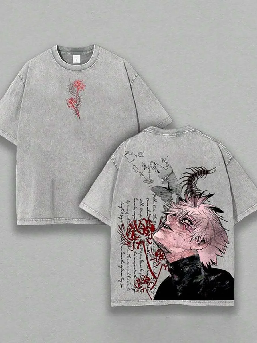 Kaneki Ken Graphic T-shirt Anime Tokyo Ghoul Clothing Men Short Sleeve Washed Tshirts Casual Cotton T Shirt Harajuku Retro Tops