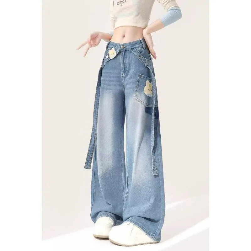 American Wide-leg Jeans Spring and Autumn New Cartoon Rabbit Design Workwear High-waisted Loose Straight-leg Trousers Fashion