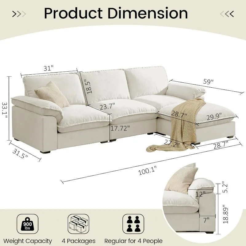 Modular Sectional Sofa Deep Seat Cloud Couch with Reversible Chaise L Shaped Couch with Padded Armrests Chenille White Sectional